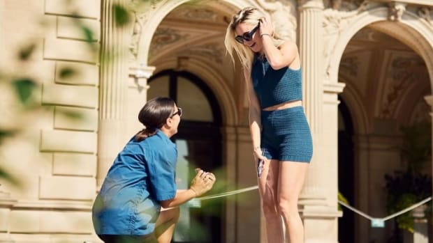 Sam Kerr pictured proposing to Kristie Mewis in September 2023